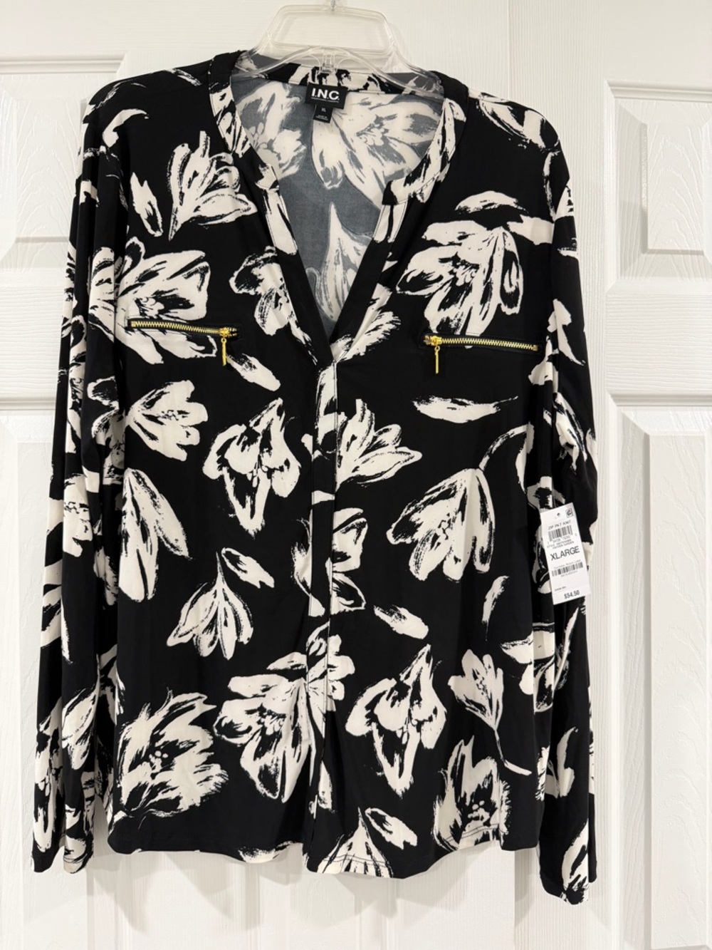 INC International Concepts Black & White Floral Zip-Pocket Button Down Shirt
